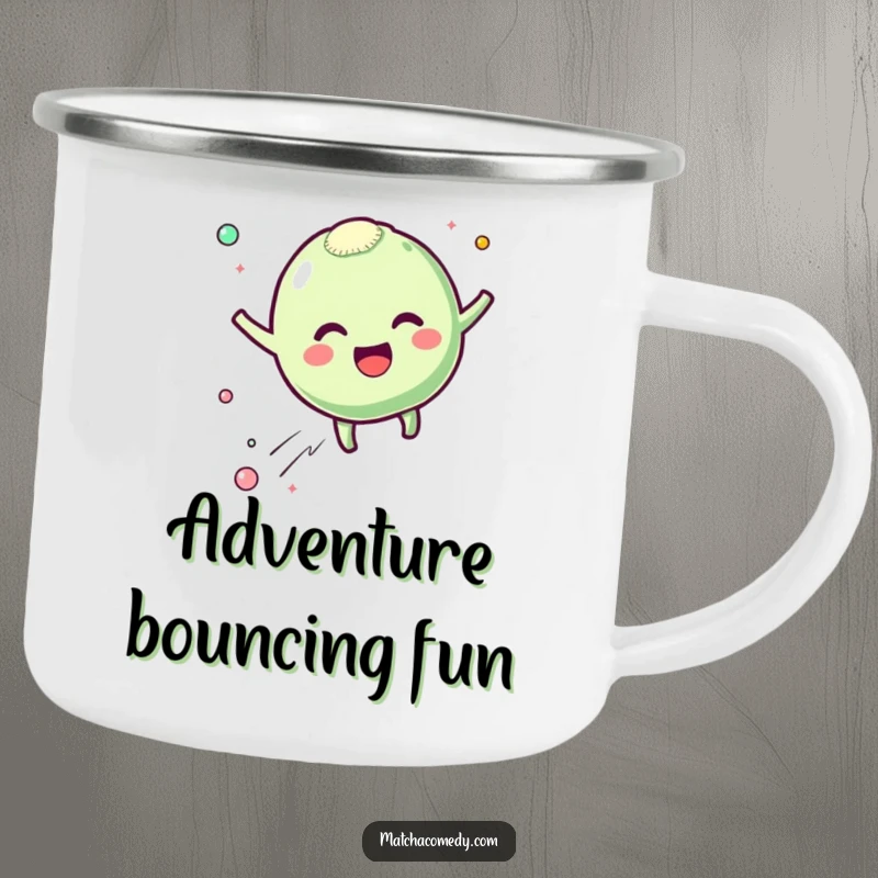 Funny matcha mochi camping mug with a character bouncing with excitement and leaving happy particles, perfect for outdoor enjoyment, a funny gift.