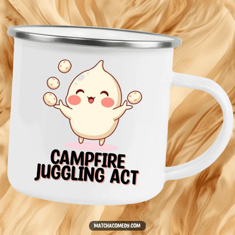 Funny camping mug showcasing a matcha confection juggling tiny mochi balls, perfect for enjoying drinks outdoors with a smile.