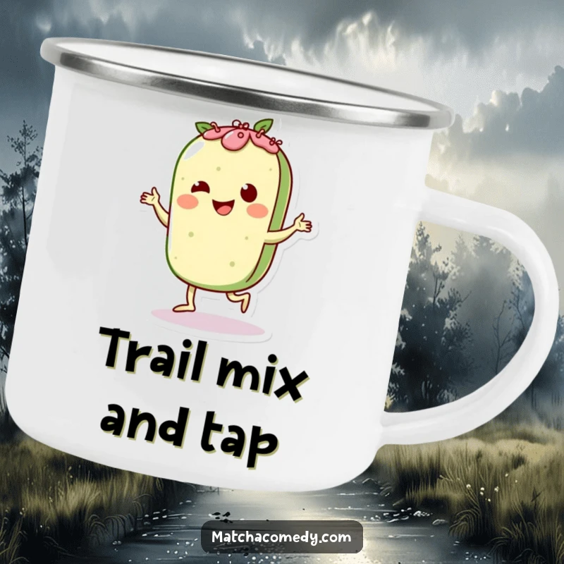 Funny Matcha Pastry Charleston Camping Mug: A cute character dancing lively, perfect for outdoor use with a humorous flair.