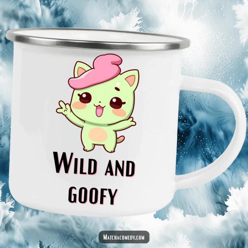 Funny matcha sweet camping mug with a character striking a funny pose with tongue playfully sticking out, perfect for outdoor enjoyment, a funny gift.