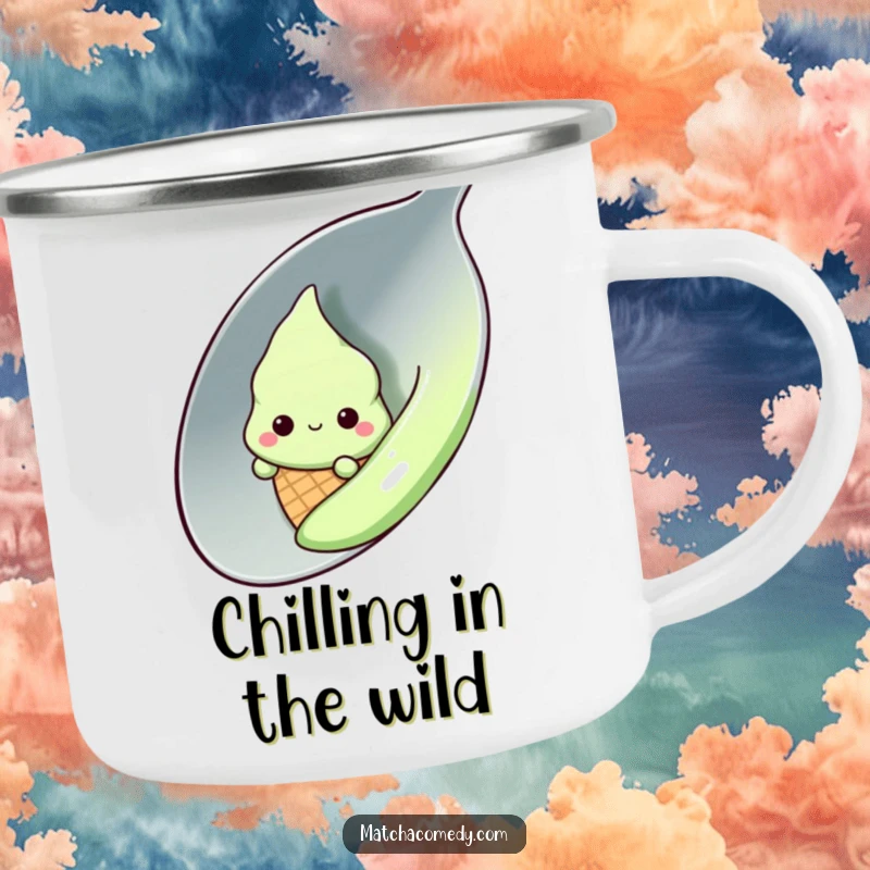 Funny shy kawaii matcha ice cream cone peeking from behind a large spoon, camping mug, enamel, outdoor, cute, gift.