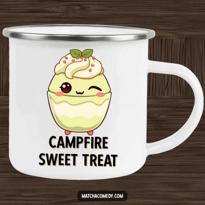 Funny Matcha Parfait Camping Mug: A kawaii matcha parfait winks playfully on this rugged mug, perfect for sweet outings.