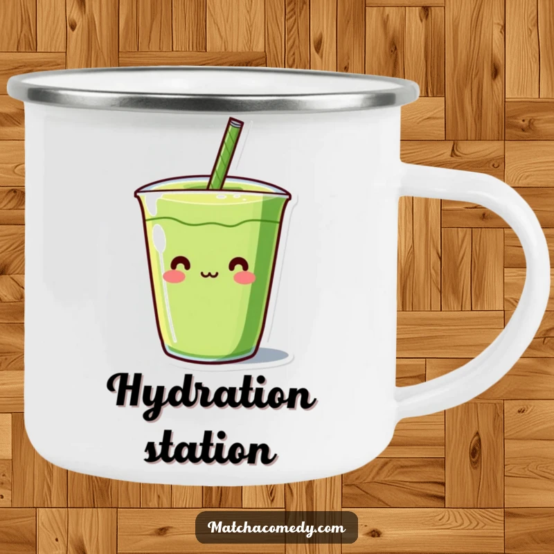 Funny Kawaii matcha beverage character with a humorous straw, enamel finish, perfect for outdoor drinks.