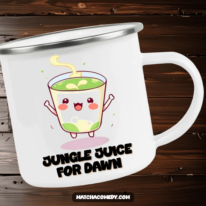 Funny Camping Mug showing a kawaii matcha tea cup bouncing with excitement, built for outdoor fun and vibrant energy.