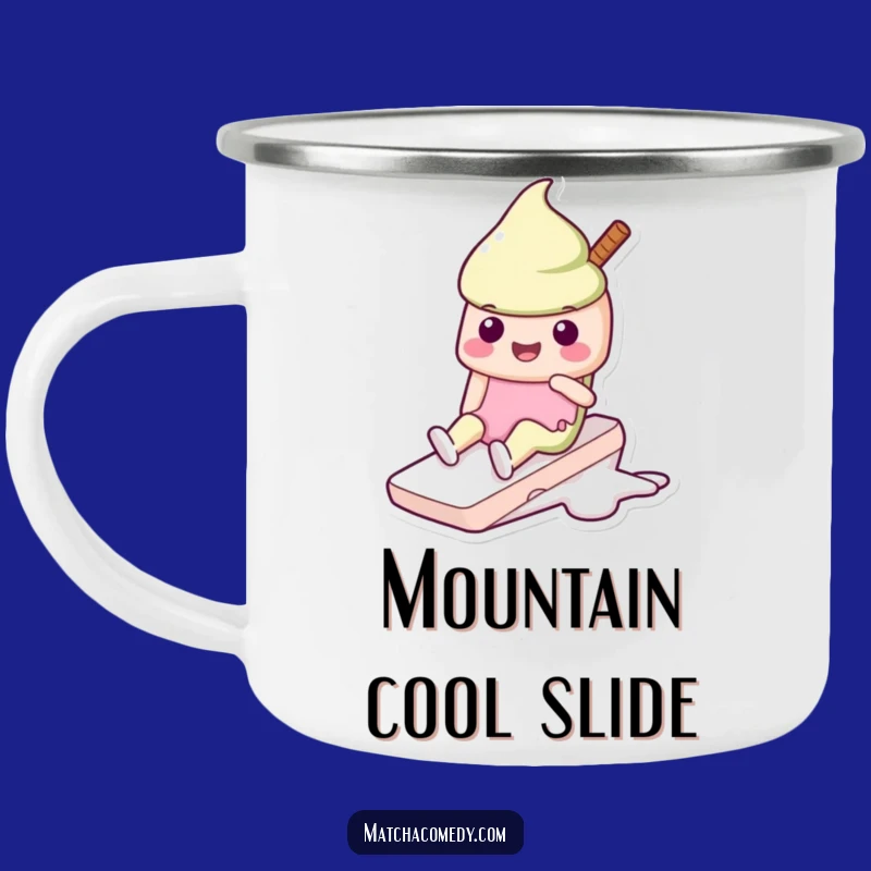 Adventure Funny Matcha Ice Cream Slide Camping Mug: Kawaii Character, Outdoor Gift