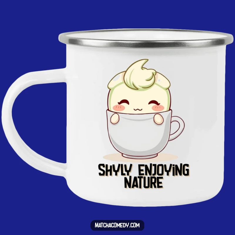Funny Shy Matcha Latte Camping Mug: Blushing Character, Teabag Hide, Outdoor Gift