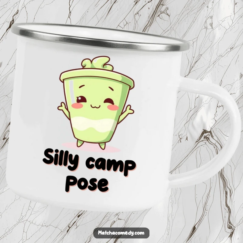 Funny matcha cup camping mug striking a silly pose, perfect for humorous outdoor sips.