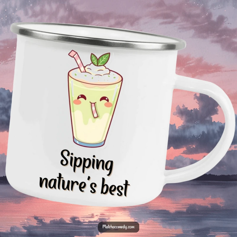 Funny Kawaii Matcha Latte Sipping Camping Mug: A happy matcha latte sipping with a tiny straw, perfect for outdoors.