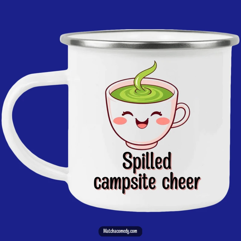 Funny Matcha Camping Mug: Rugged Kawaii Tea Cup Spilling Green Adventure