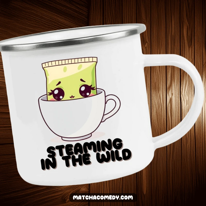 Funny surprised matcha tea bag on a sturdy camping mug, peeking from a cup, ready for outdoor fun.