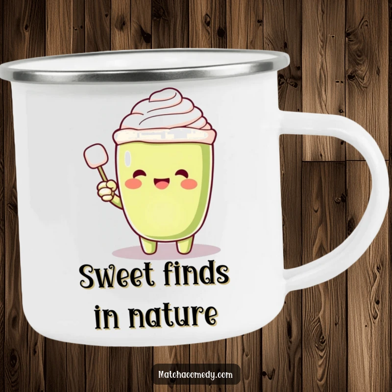 Funny Matcha Latte Camping Mug with an excited character pointing at a floating sugar cube, perfect for outdoor enthusiasts who enjoy a sweet surprise.