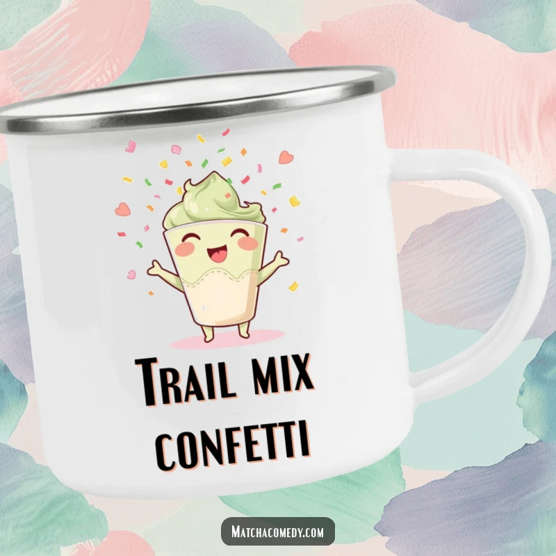 Funny happy matcha cup camping mug, joyfully throwing confetti, perfect for festive outdoor drinks.