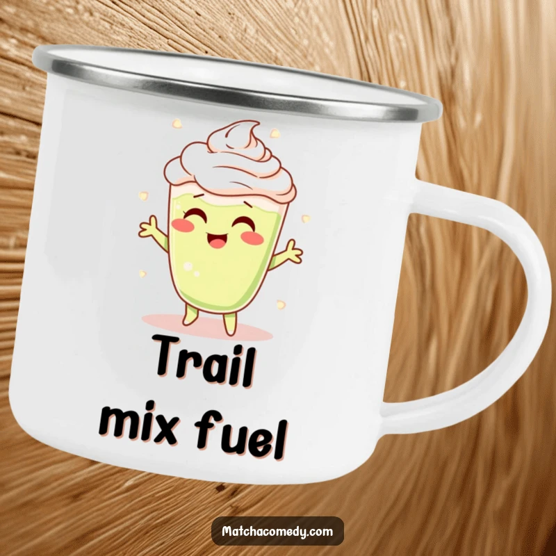 Funny Matcha Latte Camping Mug with a cheerful character shimmying and foamy swirls, perfect for outdoor enjoyment.