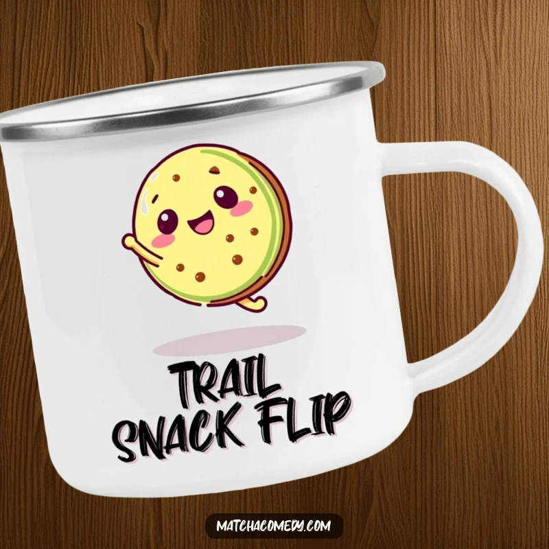 Funny Kawaii Matcha Cookie Camping Mug with a matcha cookie doing a cartwheel, ready for outdoors.