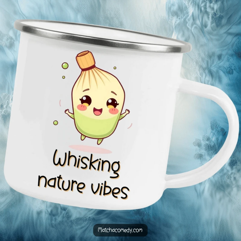 Funny Matcha Whisk Camping Mug: A delightful character spinning merrily, designed for outdoor use with a humorous twist.