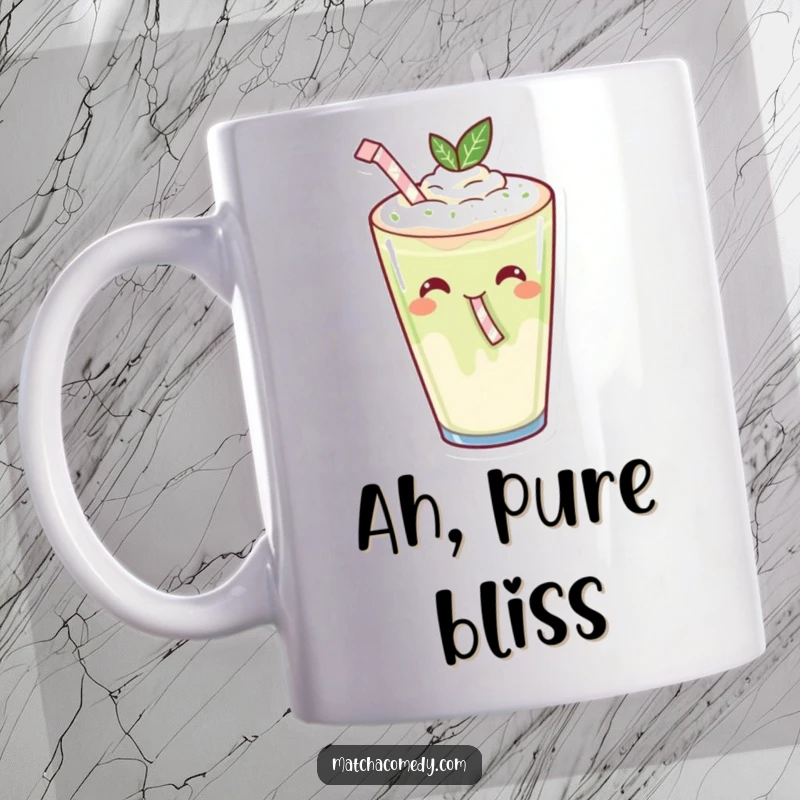 Funny Kawaii Matcha Latte Sipping Mug: A kawaii matcha latte with a tiny straw, sipping with utmost glee.