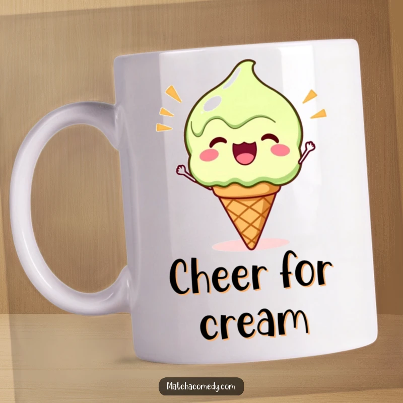 Funny Kawaii Matcha Ice Cream Mug: A cute matcha ice cream cone cheering enthusiastically with a happy face.