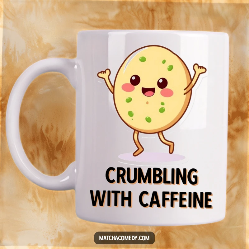 Funny matcha cookie with little legs doing a silly dance on a mug, radiating pure, unadulterated cookie joy. Whimsical and fun design.