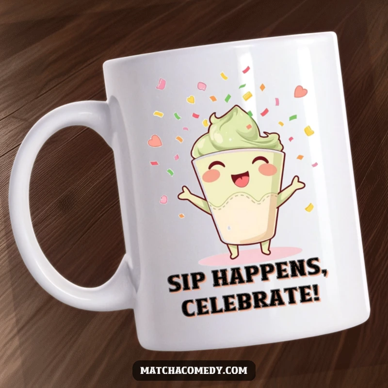 Funny happy matcha cup character, joyfully throwing colorful confetti, expressing pure excitement and festive celebration.