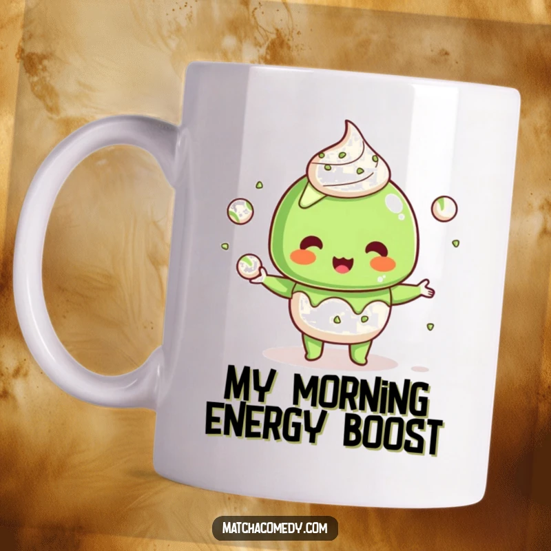 Funny Kawaii Matcha Dessert Mug: Cute dessert character humorously juggling small matcha balls, a fun funny gift.