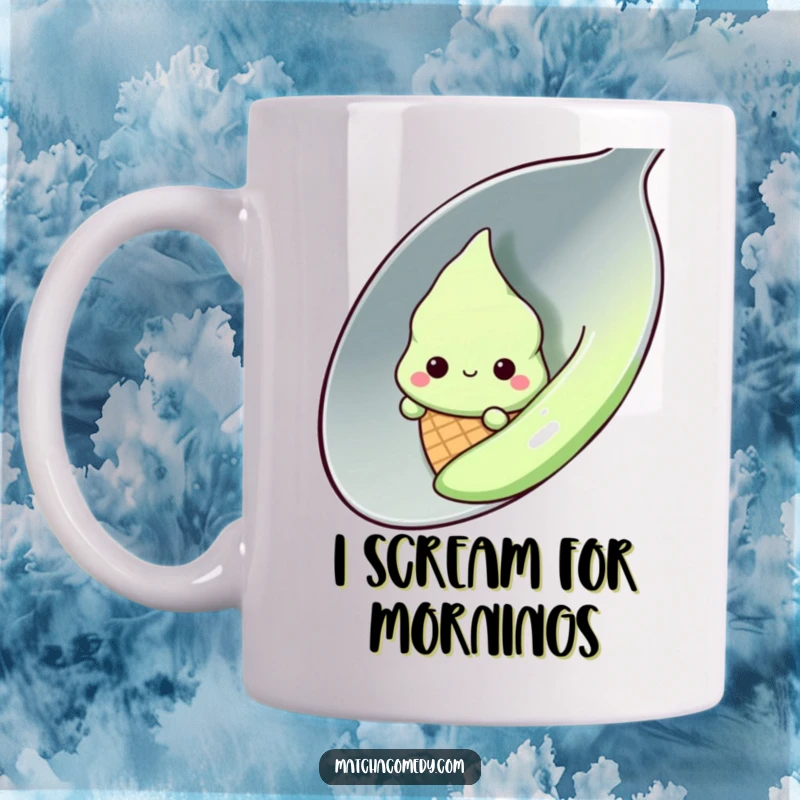 Funny kawaii matcha ice cream cone hiding shyly behind a giant spoon, mug, adorable, sweet, cute gift.