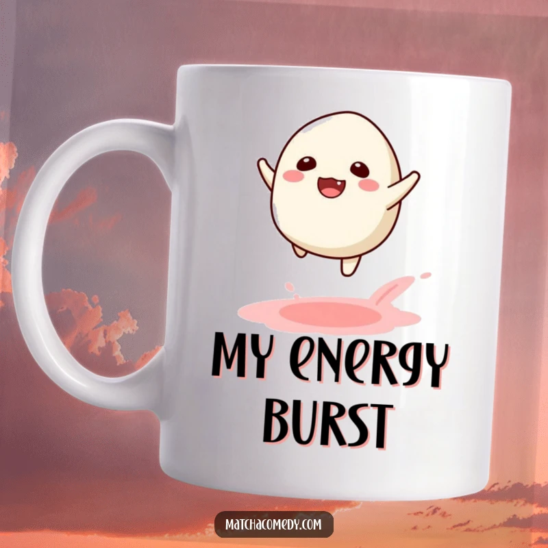 Funny Kawaii Matcha Mochi Leap Mug: A joyful matcha mochi mid-leap, leaving a delightful powdery trail.