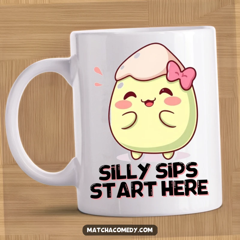 Funny Kawaii matcha mochi striking a ridiculous pose on this delightful and humorous mug.