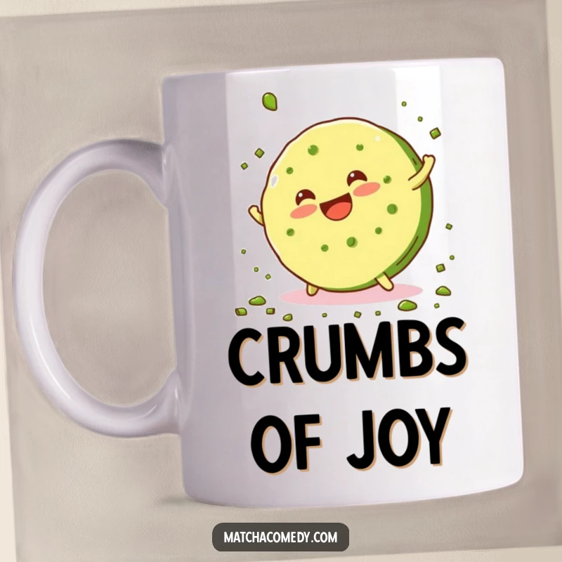 Funny, smiling matcha cookie doing a cartwheel and scattering green crumbs on this delightful mug.