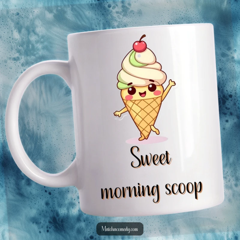 Funny Matcha Ice Cream Cone Mug featuring a happy character doing a sweet dance with a cherry on top.