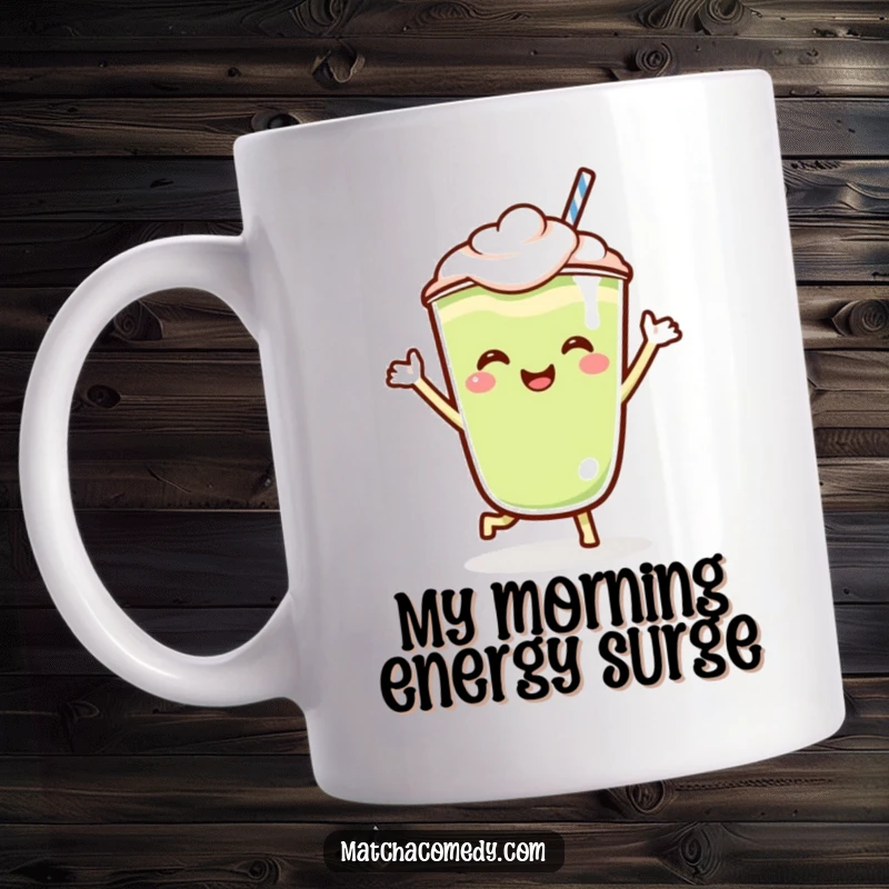 Funny Kawaii matcha latte mug featuring a super cute character doing an energetic, joyous jig, spreading happiness and good vibes.