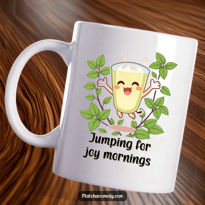 Funny Matcha Latte Mug featuring an excited character gleefully jumping for joy, surrounded by lush green leaves, radiating pure bliss.