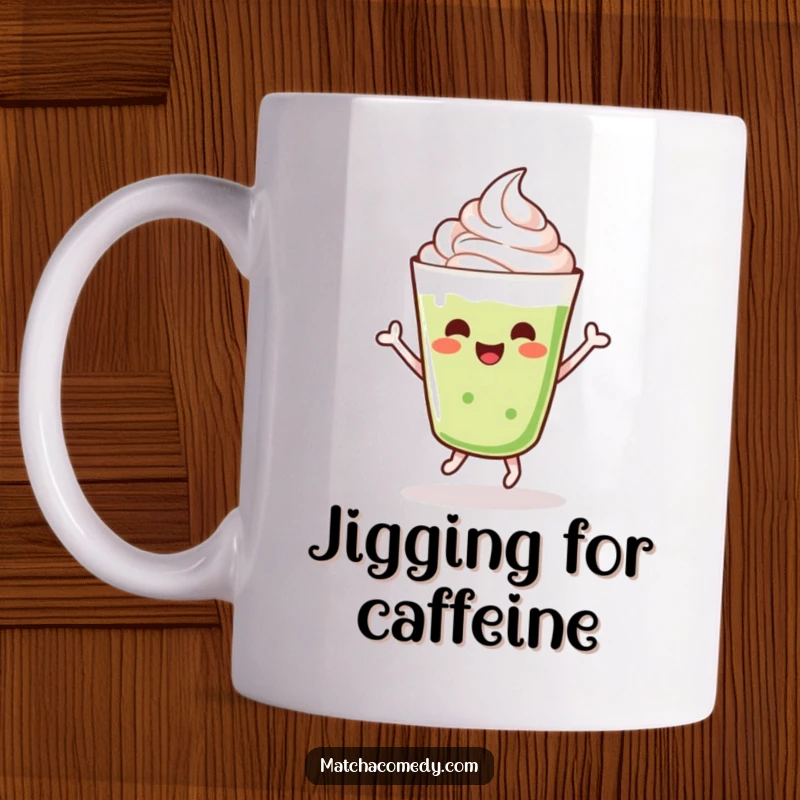 Funny dancing kawaii matcha latte with whipped cream, doing a cheerful jig, happy.