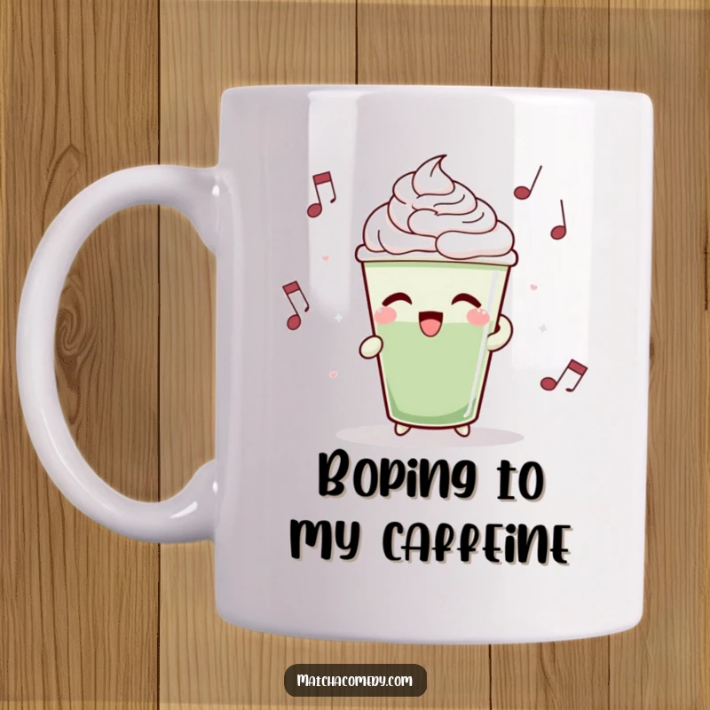 Funny matcha latte cup bobbing rhythmically to unseen music, full of life on this mug.
