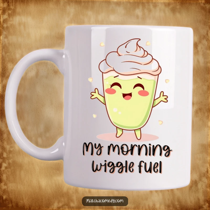 Funny Matcha Latte Mug featuring a cheerful character shimmying with foamy swirls, spreading joyous vibes.