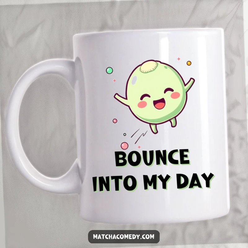 Funny matcha mochi mug with a kawaii character bouncing with excitement and leaving happy particles, perfect for joyful mornings, a funny gift.