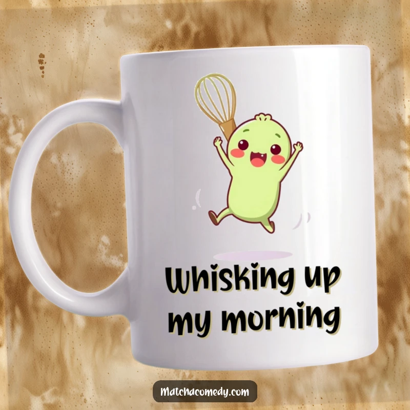 Funny mug featuring a small, anthropomorphic matcha whisk performing a dynamic and amusing acrobatic move with flair.
