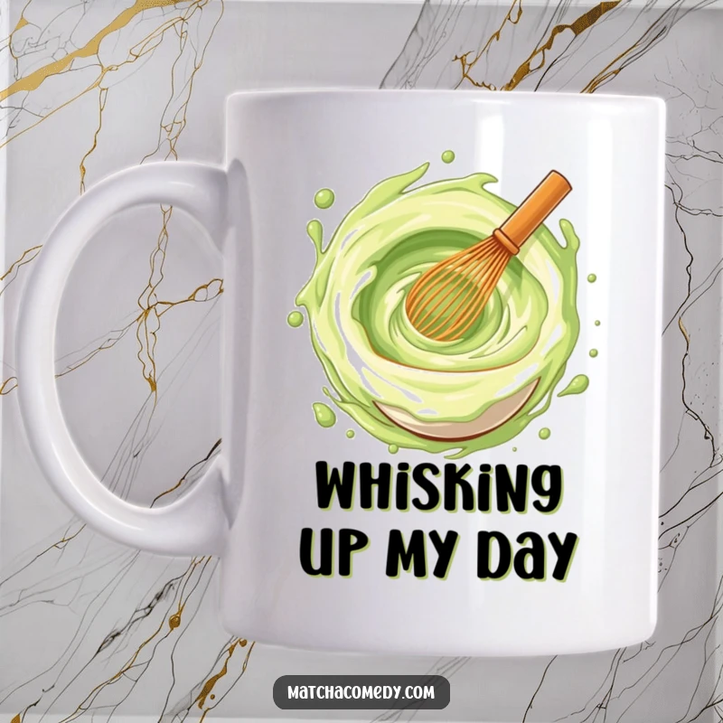 Funny matcha whisk stirring a joyous, colorful vortex of energy, captured on a mug, whimsical and humorous.