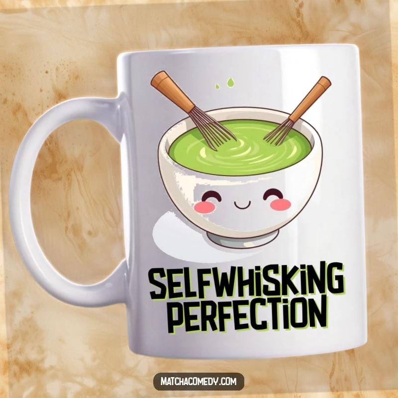 Funny kawaii matcha tea bowl mug with a smiling face, actively whisking itself with a tiny whisk.