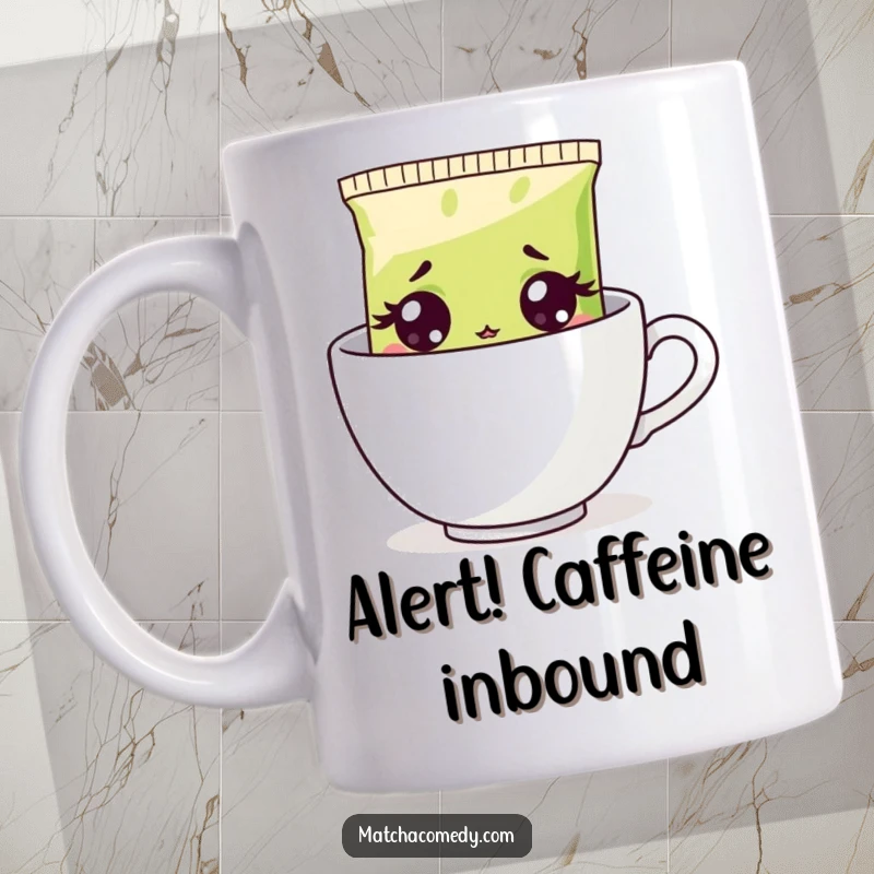 Funny surprised matcha tea bag peeking from a steaming mug, wide eyes conveying shock and morning caffeine needs, a hilarious gift.