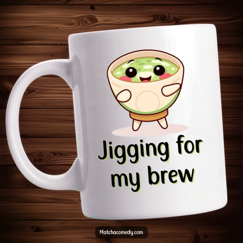 Funny smiling matcha bowl doing a lively jig, depicted with happy energy on this ceramic mug.