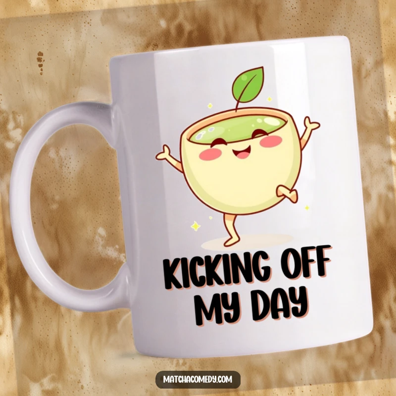 Funny mug featuring a smiling bowl of matcha with tiny legs, performing an energetic celebratory kick with pure delight.