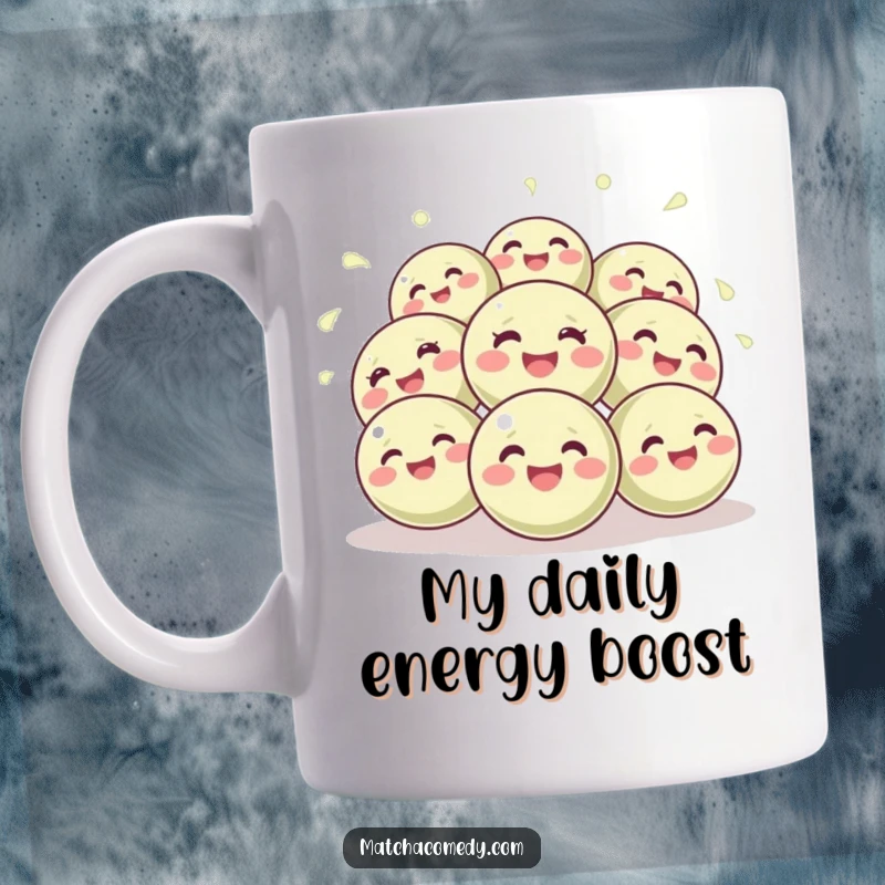 Funny mug featuring a lively group of green matcha balls in mid-bounce, looking incredibly happy and ready for fun.