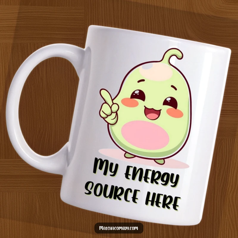 Funny Mug featuring a giggling kawaii matcha bean enthusiastically pointing upwards with an excited gesture, radiating pure joy and humor.