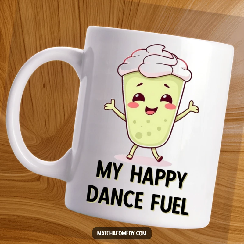 Funny Matcha Latte Mug featuring a giggling character in a silly, bubbly dance pose, radiating pure joy and energy.
