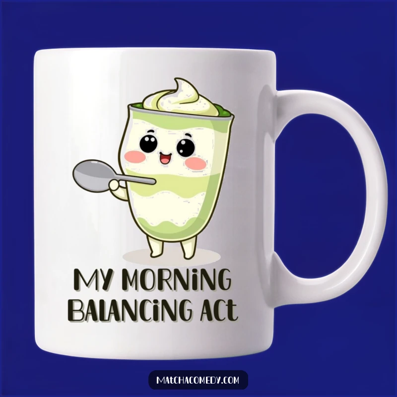 Funny Kawaii Matcha Latte Mug - Adorable Character Balancing Spoon, Perfect Funny Gift