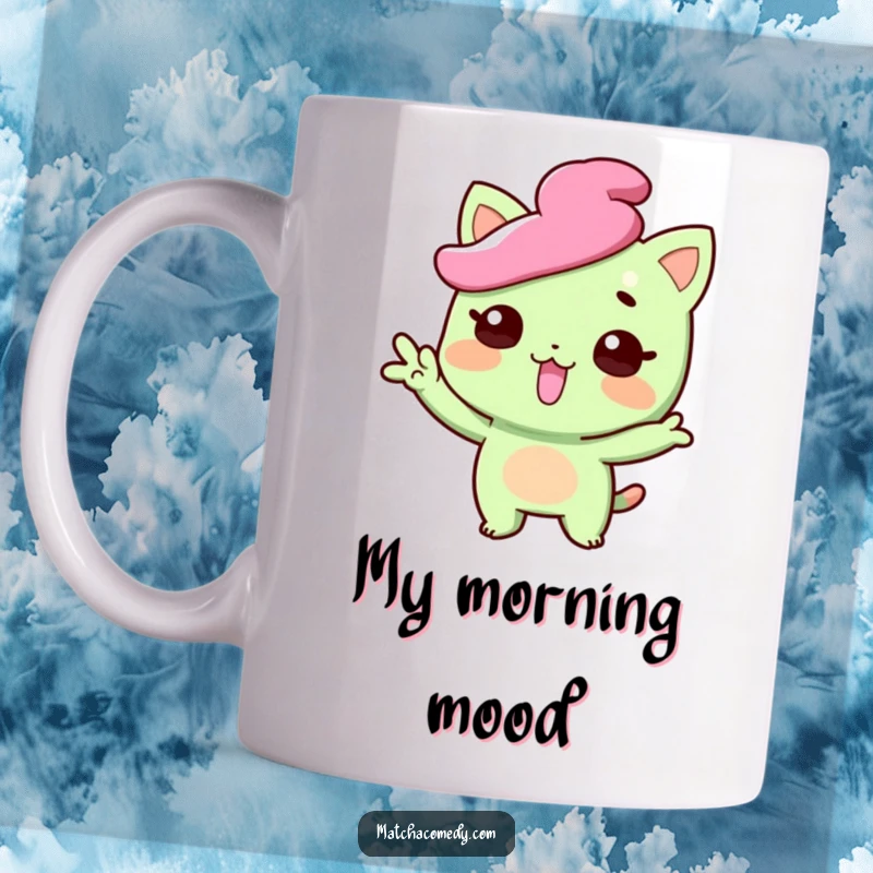 Funny matcha sweet mug with a character striking a funny pose with tongue playfully sticking out, perfect for quirky dessert lovers, a funny gift.
