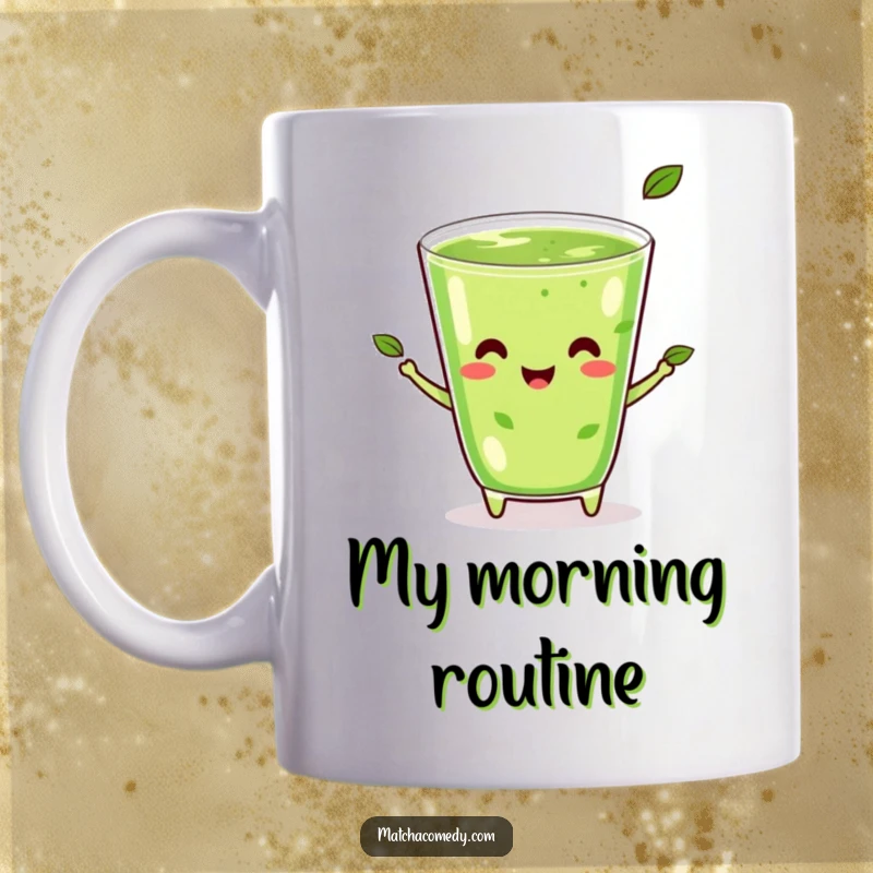 Funny Kawaii Matcha Juggling Mug: A happy matcha beverage expertly juggling three tiny tea leaves with a smile.