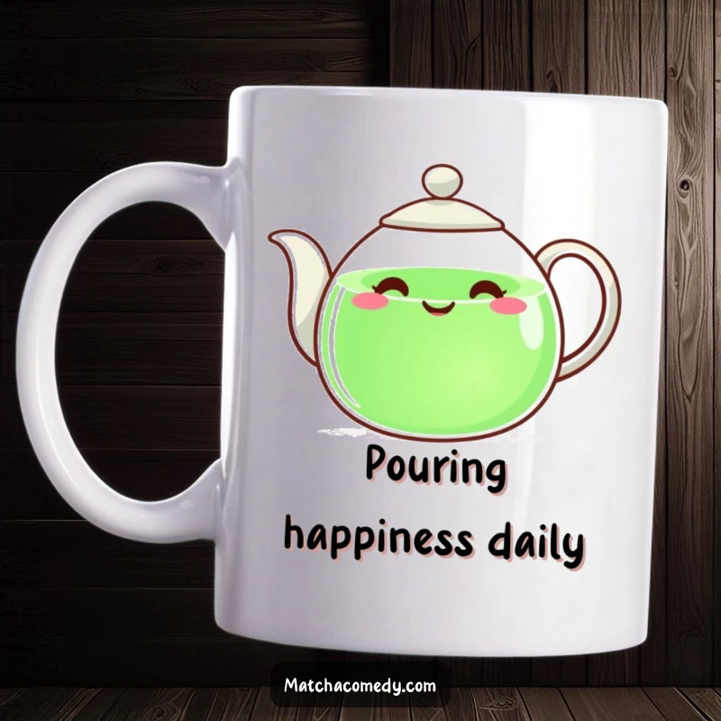 Funny teapot with a big happy face pouring green liquid, embodying warmth and joy on this mug.