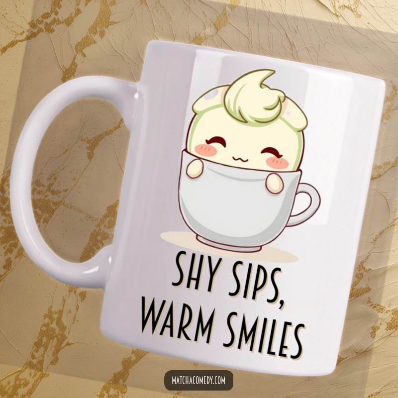 Funny Matcha Latte Mug featuring a shy, blushing character peeking from behind a teabag with a sweet, demure smile.