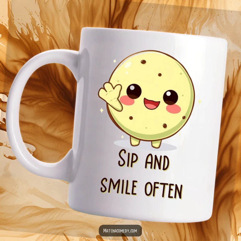 Funny Kawaii Matcha Cookie Mug: A cute character cheerfully waving hello, bringing joy and humor to your day.